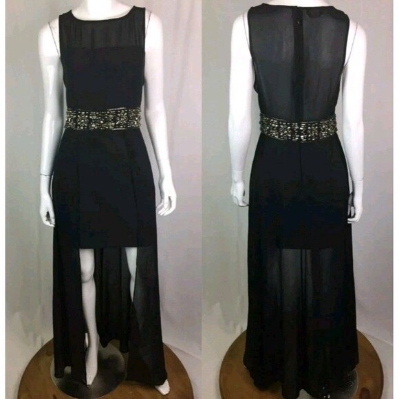 Bebe Black Beaded Chain Illusion Sheer Formal Sheath Train Dress Size 6 - Picture 1 of 7